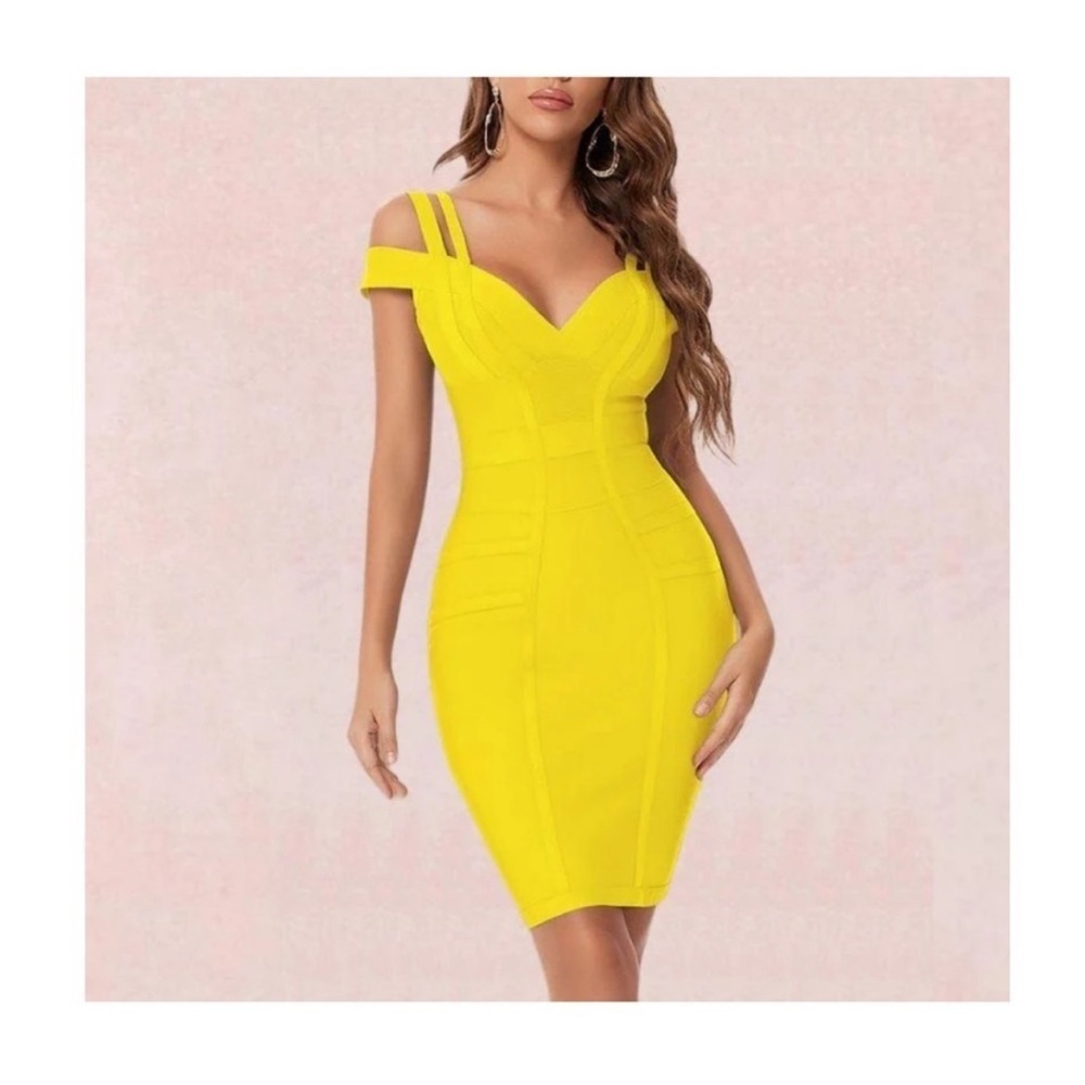 House Of CB London Neon Yellow Bodycon Bandage Cocktail Dress Size XS - Picture 3 of 13
